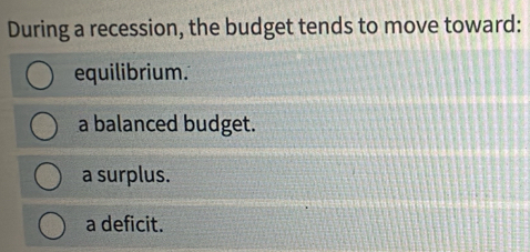 During a recession, the budget tends to move toward:
equilibrium.
a balanced budget.
a surplus.
a deficit.