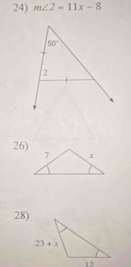 m∠ 2=11x-8
50°
2
26)
28)