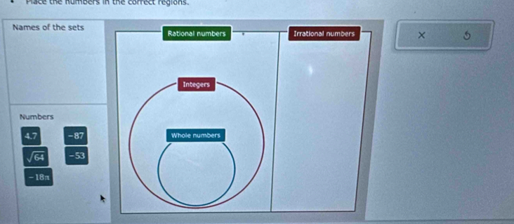 Pace the numbers in the correct regions. 
Names of the sets Rational numbers Irrational numbers x
Integers 
Numbers
4.7 -87 Whole numbers
sqrt(64) -53
- 18π