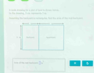 A scale drewing for a plot of land is shown below 
n the drawing, 3 cm reecewnts 5 a 
Assuming the backyand is rectangulac, find the area of the real bavkyand 
Area of the seal backyent □ =^3