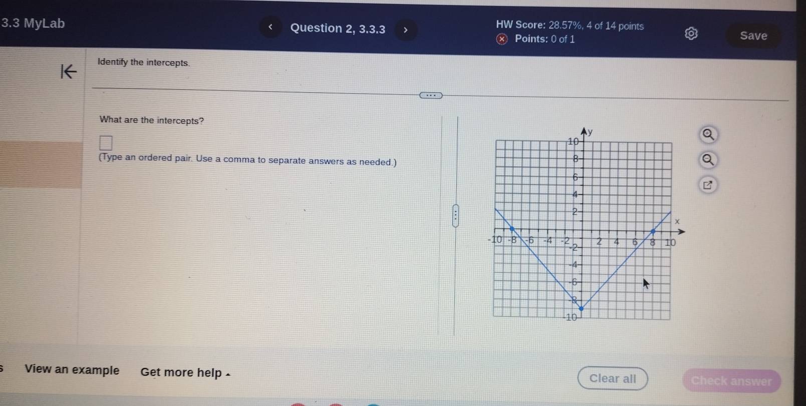 3.3 MyLab Question 2, 3.3.3 > points 
HW Score: 28.57%, 4 of 14
Points: 0 of 1 Save 
Identify the intercepts. 
What are the intercepts? 
(Type an ordered pair. Use a comma to separate answers as needed.) 
View an example Get more help . Clear all Check answer