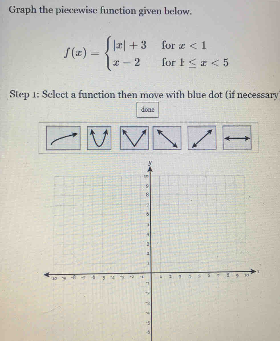 Graph the piecewise function given below.
f(x)=beginarrayl |x|+3forx<1 x-2for1≤ x<5endarray.
Step 1: Select a function then move with blue dot (if necessary) 
done
-6