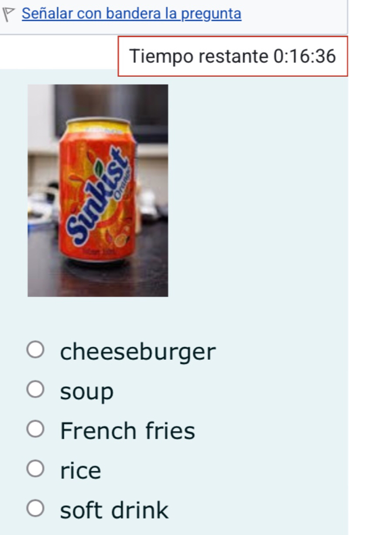 Señalar con bandera la pregunta
Tiempo restante 0:16:36
cheeseburger
soup
French fries
rice
soft drink