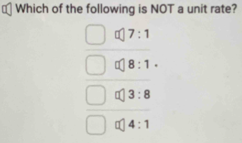 Which of the following is NOT a unit rate?
| 7:1° _ 
8:1^
_ 
3:8
□ ,□ )
4:1