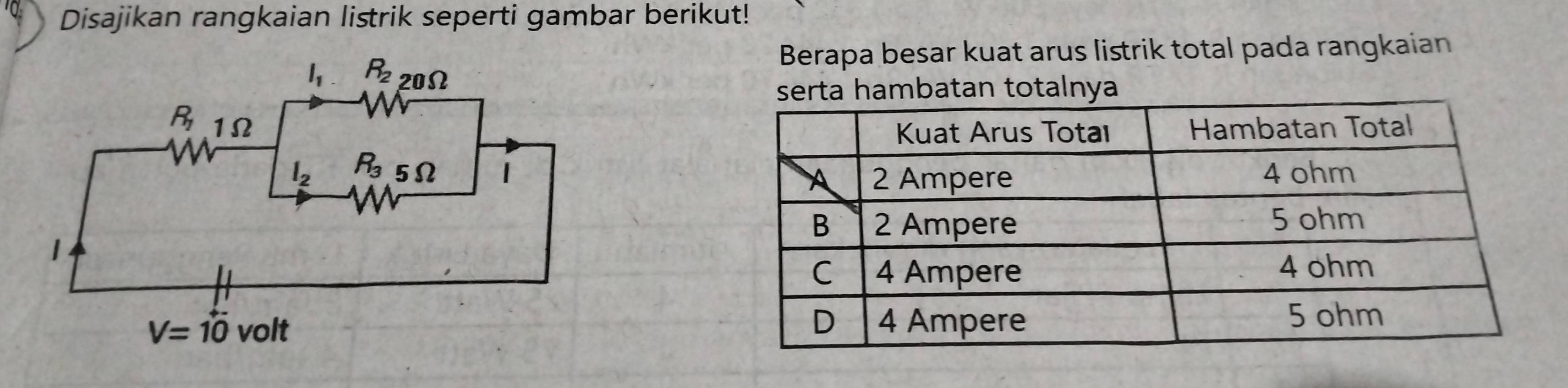 Disajikan rangkaian listrik seperti gambar berikut!
Berapa besar kuat arus listrik total pada rangkaian
serta hambatan totalnya