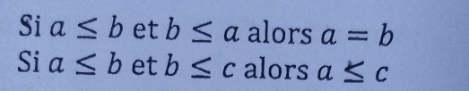 Si a≤ b et b≤ a alors a=b
Si a≤ b et b≤ c alors a≤ c