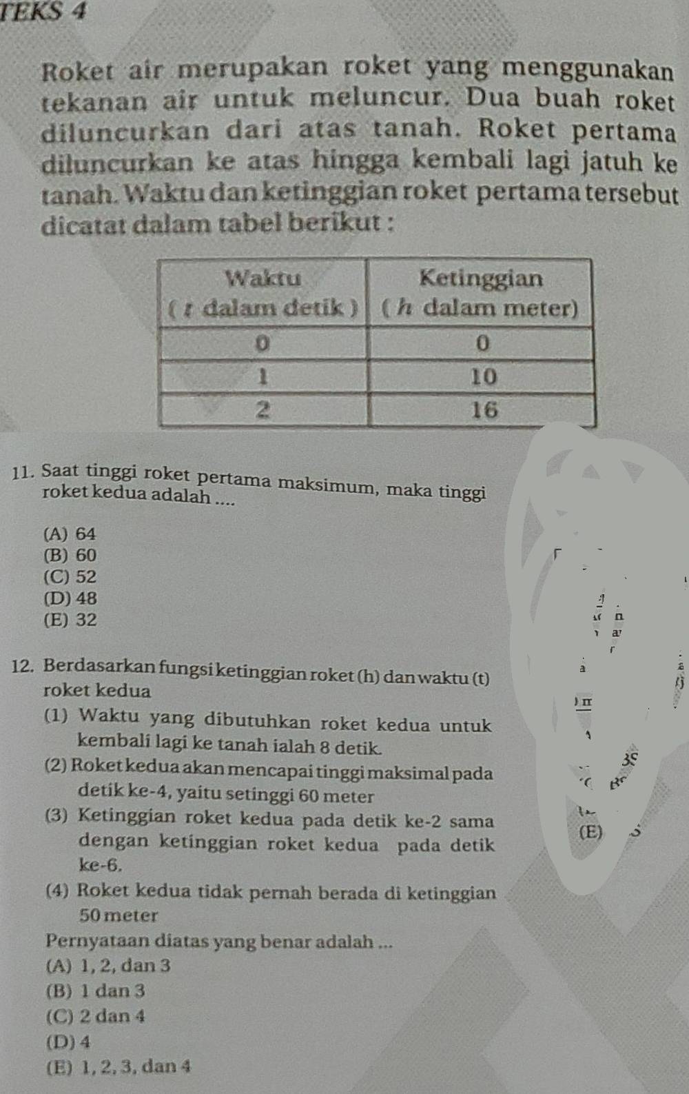 TEKS 4
Roket air merupakan roket yang menggunakan
tekanan air untuk meluncur. Dua buah roket
diluncurkan dari atas tanah. Roket pertama
diluncurkan ke atas hingga kembali lagi jatuh ke
tanah. Waktu dan ketinggian roket pertama tersebut
dicatat dalam tabel berikut :
11. Saat tinggi roket pertama maksimum, maka tinggi
roket kedua adalah ....
(A) 64
(B) 60
(C) 52.
(D) 48
(E) 32. a'
12. Berdasarkan fungsi ketinggian roket (h) dan waktu (t)
roket kedua ) π
(1) Waktu yang dibutuhkan roket kedua untuk
kembali lagi ke tanah ialah 8 detik.
35
(2) Roket kedua akan mencapai tinggi maksimal pada
( Bê
detik ke -4, yaitu setinggi 60 meter
(3) Ketinggian roket kedua pada detik ke -2 sama
I 
(E) 3
dengan ketinggian roket kedua pada detik
ke -6.
(4) Roket kedua tidak pernah berada di ketinggian
50 meter
Pernyataan diatas yang benar adalah ...
(A) 1, 2, dan 3
(B) 1 dan 3
(C) 2 dan 4
(D) 4
(E) 1, 2, 3, dan 4