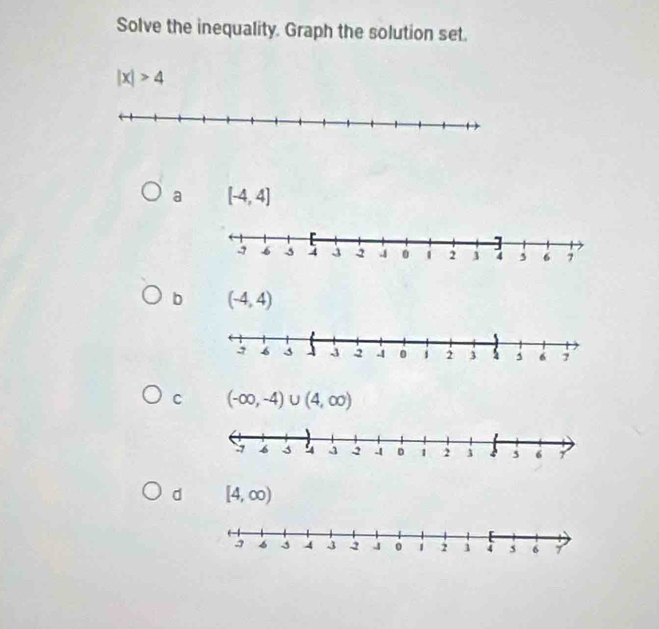 Solve the inequality. Graph the solution set.
|x|>4
a [-4,4]
b (-4,4)
C (-∈fty ,-4)∪ (4,∈fty )
d [4,∈fty )