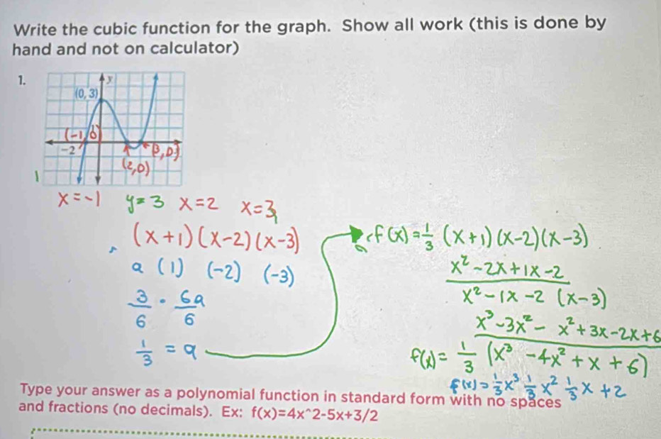 Write the cubic function for the graph. Show all work (this is done by
hand and not on calculator)
1.
Type your answer as a polynomial function in standard form with no spaces
and fractions (no decimals). Ex: f(x)=4x^(wedge)2-5x+3/2
_