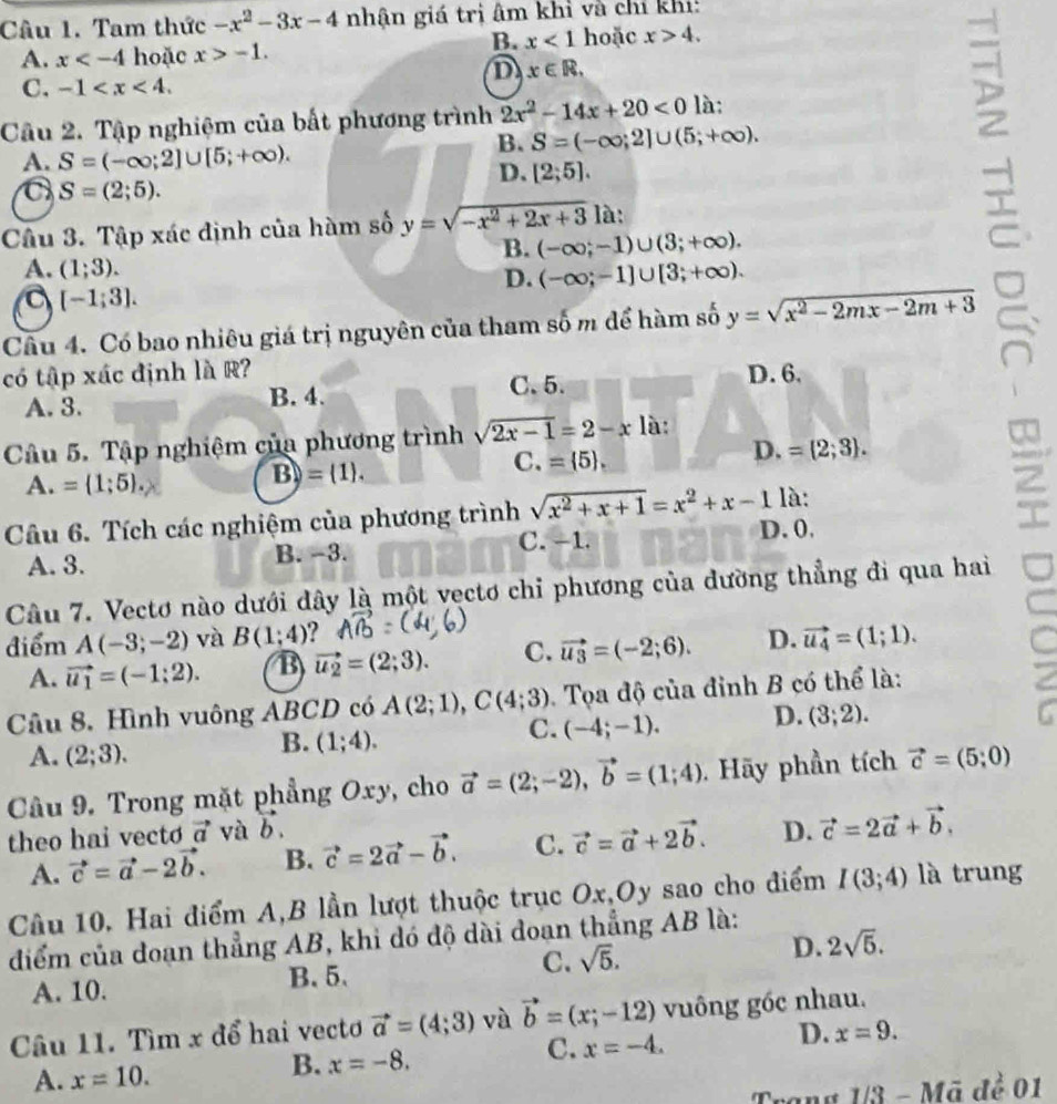 Tam thức -x^2-3x-4 nhận giá trị âm khỉ và chỉ khi:
B. x<1</tex> hoặc x>4.
A. x hoặc x>-1.
D x∈ R.
C. -1
Câu 2. Tập nghiệm của bất phương trình 2x^2-14x+20<0</tex> là:
B. S=(-∈fty ;2]∪ (5;+∈fty ).
A. S=(-∈fty ;2]∪ [5;+∈fty ).
D. [2;5].
a S=(2;5).
Câu 3. Tập xác định của hàm số y=sqrt(-x^2+2x+3) là:
B. (-∈fty ;-1)∪ (3;+∈fty ).
A. (1;3).
D. (-∈fty ;-1]∪ [3;+∈fty ).
C [-1;3].
Câu 4. Có bao nhiêu giá trị nguyên của tham số m để hàm số y=sqrt(x^2-2mx-2m+3)
có tập xác định là R? D. 6.
A. 3. B. 4. C. 5.
Câu 5. Tập nghiệm của phương trình sqrt(2x-1)=2-x là:
C. = 5 .
D. = 2;3 .
A. = 1;5 .
B)= 1 .
là:
Câu 6. Tích các nghiệm của phương trình sqrt(x^2+x+1)=x^2+x-1 D. 0,

A. 3. B. −3. C. -1.
Câu 7. Vectơ nào dưới dây là một vectơ chi phương của dường thẳng đi qua hai
điểm A(-3;-2) và B(1;4)
A. vector u_1=(-1;2). B vector u_2=(2;3). C. vector u_3=(-2;6). D. vector u_4=(1;1).
Câu 8. Hình vuông ABCD có A(2;1),C(4;3) Tọa độ của đỉnh B có thể là:
C. (-4;-1). D. (3;2).
A. (2;3).
B. (1;4).
Câu 9. Trong mặt phẳng Oxy, cho vector a=(2;-2),vector b=(1;4).  Hãy phần tích vector c=(5;0)
theo hai vecto vector a và b.
A. vector c=vector a-2vector b. B. vector c=2vector a-vector b. C. vector c=vector a+2vector b. D. vector c=2vector a+vector b.
Câu 10. Hai điểm A,B lần lượt thuộc trục Ox,Oy sao cho điểm I(3;4) là trung
điểm của đoạn thẳng AB, khi dó độ dài đoạn thẳng AB là:
C. sqrt(5).
D. 2sqrt(5).
A. 10.
B. 5.
Câu 11. Tìm x để hai vectơ vector a=(4;3) và vector b=(x;-12) vuông gốc nhau.
C. x=-4.
D. x=9.
A. x=10.
B. x=-8.
Trang 1/3 - Mã đẻ 01