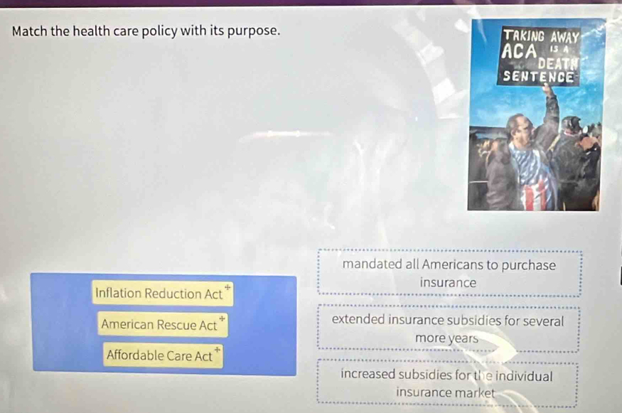 Match the health care policy with its purpose.
mandated all Americans to purchase
insurance
Inflation Reduction Act 1 
American Rescue Act
extended insurance subsidies for several
more years
Affordable Care Act
increased subsidies for the individual
insurance market