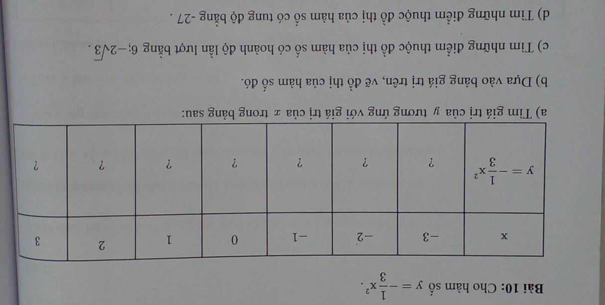 Cho hàm số y=- 1/3 x^2.
a) Tìm giá trị của y tương ứng với giá trị của x trong bảng sau:
b) Dựa vào bảng giá trị trên, vẽ đồ thị của hàm số đó.
c) Tìm những điểm thuộc đồ thị của hàm số có hoành độ lần lượt bằng 6; -2sqrt(3).
d) Tìm những điểm thuộc đồ thị của hàm số có tung độ bằng -27 .