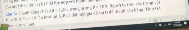 của lực (theo đơn vị N) biết lực hợp với thành một
AB=1,2m , trọng lượng P=10N. Người ta treo các trọng vật 
Câu 3: Thanh đồng chất lần lượt tại A, B và đặt một giá đỡ tại O để thanh cân bằng. Tính OA
P_1=20N, P_2=3N
heo đơn vị mét.