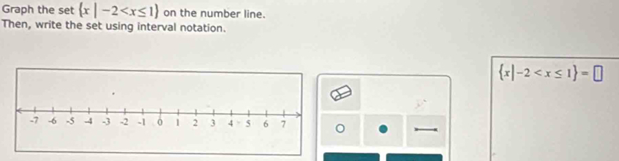 Graph the set  x|-2 on the number line. 
Then, write the set using interval notation.
 x|-2
。