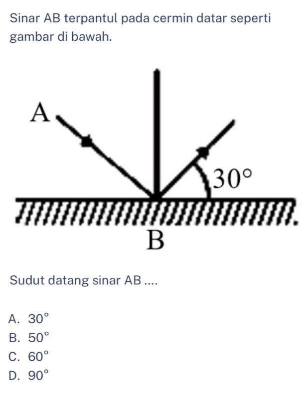 Sinar AB terpantul pada cermin datar seperti
gambar di bawah.
Sudut datang sinar AB ....
A. 30°
B. 50°
C. 60°
D. 90°