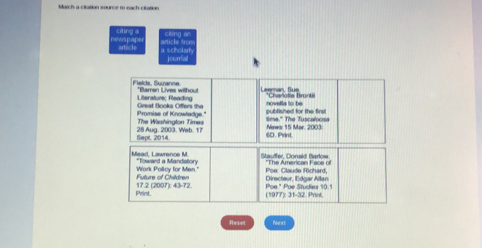 Match a citation source to each citation 
citing a citing an 
newspaper article from 
article a scholarly 
jourrial 
Reset Next
