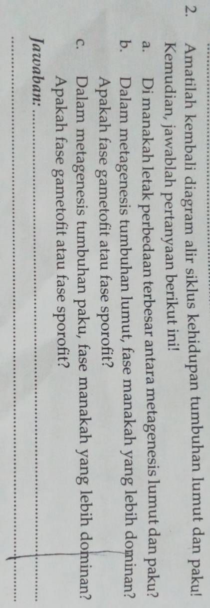 Amatilah kembali diagram alir siklus kehidupan tumbuhan lumut dan paku! 
Kemudian, jawablah pertanyaan berikut ini! 
a. Di manakah letak perbedaan terbesar antara metagenesis lumut dan paku? 
b. Dalam metagenesis tumbuhan lumut, fase manakah yang lebih dominan? 
Apakah fase gametofit atau fase sporofit? 
c. Dalam metagenesis tumbuhan paku, fase manakah yang lebih dominan? 
Apakah fase gametofit atau fase sporofit? 
Jawaban:_ 
_