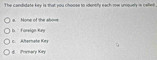 The candidate key is that you choose to identify each row uniquely is called_
a. None of the above
b Foreign Key
c. Alternate Key
d Primary Key