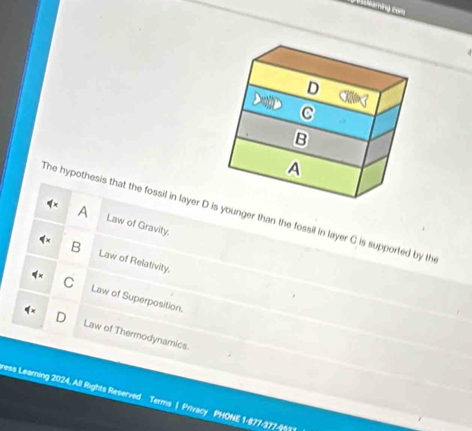 gnodeaming com 

D
C
B
A
The hypothesis that the fossil in layer D is younger than the fossil in layer C is supported by the A
Law of Gravity.
B Law of Relativity.
C Law of Superposition.
Law of Thermodynamics.
ess Learning 2024, All Rights Reserved. Terms | Privacy PHONE 1-877-377-9%