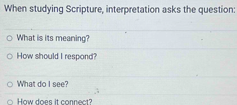 Solved: When studying Scripture, interpretation asks the question: What ...