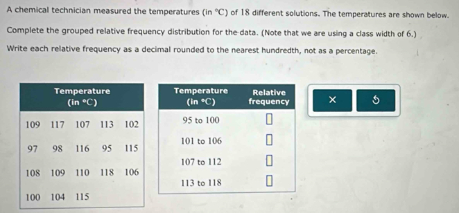 A chemical technician measured the temperatures (in°C) of 18 different solutions. The temperatures are shown below.
Complete the grouped relative frequency distribution for the data. (Note that we are using a class width of 6.)
Write each relative frequency as a decimal rounded to the nearest hundredth, not as a percentage.
× 5