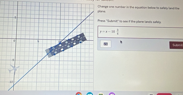 ge one number in the equation below to safely land the 
. 
"Submit" to see if the plane lands safely.
y=x-10 3/4 
Submit