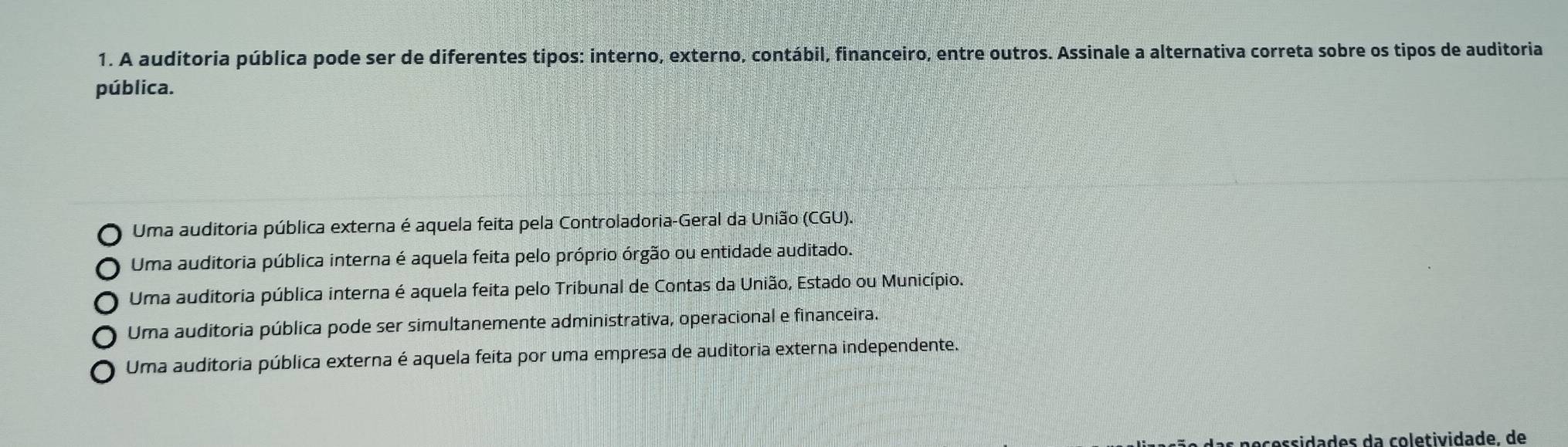 A auditoria pública pode ser de diferentes tipos: interno, externo, contábil, financeiro, entre outros. Assinale a alternativa correta sobre os tipos de auditoria
pública.
Uma auditoria pública externa é aquela feita pela Controladoria-Geral da União (CGU).
Uma auditoria pública interna é aquela feita pelo próprio órgão ou entidade auditado.
Uma auditoria pública interna é aquela feita pelo Tribunal de Contas da União, Estado ou Município.
Uma auditoria pública pode ser simultanemente administrativa, operacional e financeira.
Uma auditoria pública externa é aquela feita por uma empresa de auditoria externa independente.
ssidades da coletividade, de