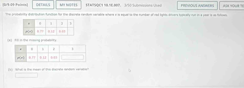 DETAILS MY NOTES STATSQC1 10.1E.007. 3/50 Submissions Used PREVIOUS ANSWERS ASK YOUR TE
The probability distribution function for the discrete random variable where x is equal to the number of red lights drivers typically run in a year is as follows.
(a) Fill in the missing probability.
(b) What is the mean of this discrete random variable?