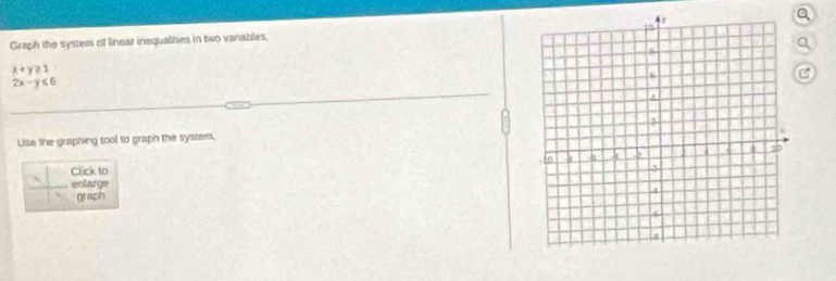 Graph the system of linear inequalities in two variables.a
a
x+y≥ 1
2x-y≤ 6
Lise the graphing tool to graph the system,
Click to 
eolarge
graph