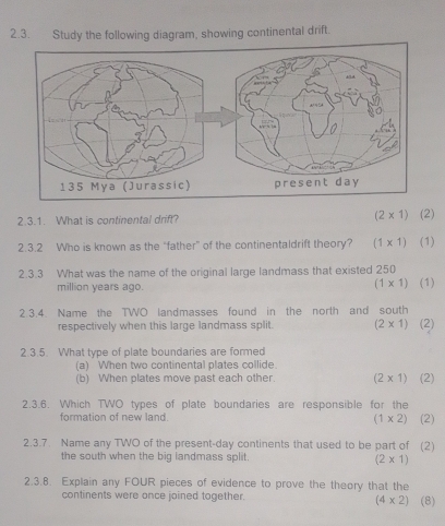 Study the following diagram, showing continental drift. 
2.3.1. What is continental drift? (2* 1) (2) 
2.3.2 Who is known as the “father” of the continentaldrift theory? (1* 1) (1) 
2.3.3 What was the name of the original large landmass that existed 250
(1* 1)
million years ago. (1) 
2.3.4. Name the TWO landmasses found in the north and south 
respectively when this large landmass split. (2* 1) (2) 
2.3.5. What type of plate boundaries are formed 
(a) When two continental plates collide. 
(b) When plates move past each other. (2* 1) (2)
2.3.6. Which TWO types of plate boundaries are responsible for the 
formation of new land (1* 2) (2) 
2.3.7. Name any TWO of the present-day continents that used to be part of (2) 
the south when the big landmass split. (2* 1)
2.3.8. Explain any FOUR pieces of evidence to prove the theory that the 
continents were once joined together. (4* 2) (8)