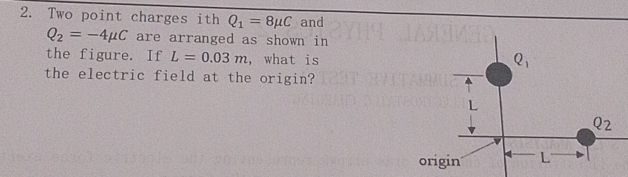 Two point charges ith Q_1=8mu C and
Q_2=-4mu C are arranged as shown in
the figure. If L=0.03m , what is
the electric field at the origin?