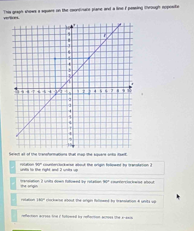 This graph shows a square on the coordinate plane and a line ? passing through opposite
vertices.
ho
9
1
8
7
6
5
4
3
2
4
x
-10 -9 -8 -7 -6 -5 -4 -3 -2 -1 1 2 3 4 5 6 7 B 9 10
-2
-3
-4
-5
-6
-7
-8
-9
10
Select all of the transformations that map the square onto itself.
rotation 90° counterclockwise about the origin followed by translation 2
units to the right and 2 units up
translation 2 units down followed by rotation 90° counterclockwise about
the origin
rotation 180° clockwise about the origin followed by translation 4 units up
reflection across line f followed by reflection across the x-axis