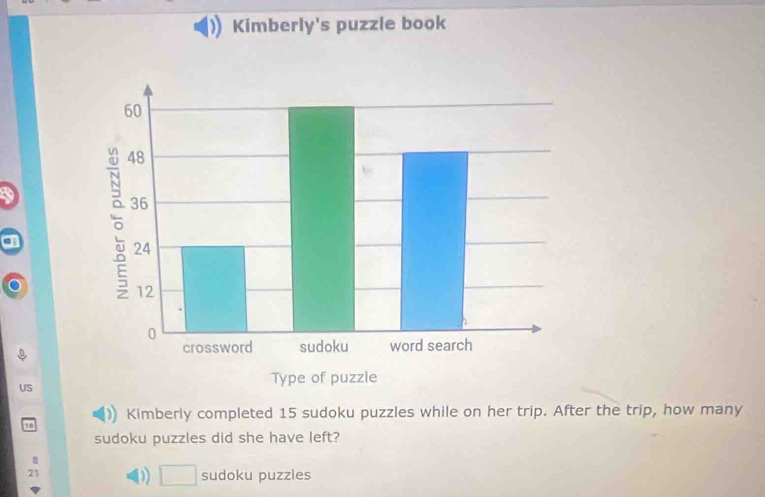 Kimberly's puzzle book
US
Kimberly completed 15 sudoku puzzles while on her trip. After the trip, how many
16
sudoku puzzles did she have left?
。
21 D) □ sudoku puzzles