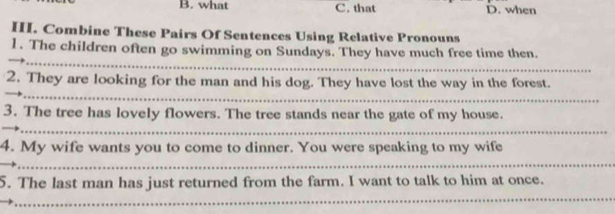 B. what C. that D. when
HI. Combine These Pairs Of Sentences Using Relative Pronouns
_
_
1. The children often go swimming on Sundays. They have much free time then.
_
2. They are looking for the man and his dog. They have lost the way in the forest.
_
3. The tree has lovely flowers. The tree stands near the gate of my house.
4. My wife wants you to come to dinner. You were speaking to my wife
_
_
5. The last man has just returned from the farm. I want to talk to him at once.
_