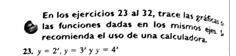 En los ejercicios 23 al 32, trace las gráficas d
las funciones dadas en los mismos ejes S
recomienda el uso de una calculadora.
23. y=2^x, y=3^x y y=4^x