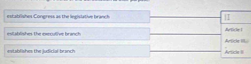 establishes Congress as the legislative branch 
|I 
Artice I 
establishes the executive branch 
Artide Ille 
establishes the judicial branch Article III
