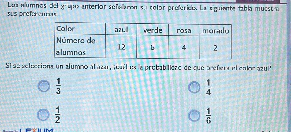 Los alumnos del grupo anterior señalaron su color preferido. La siguiente tabla muestra
sus preferencias.
Si se selecciona un alumno al azar, ¿cuál es la probabilidad de que prefiera el color azul?
 1/3 
 1/4 
 1/2 
 1/6 