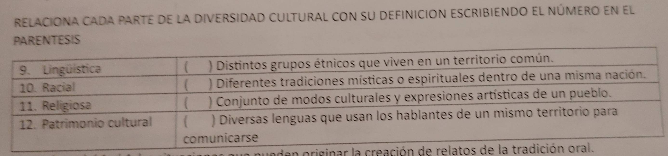 relaciona cada parte de la diversidad cultural con su definición escribiendo el número en el 
PARENTESIS 
den originar la creación