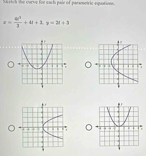 Sketch the curve for each pair of parametric equations.
x= 4t^2/3 +4t+3, y=2t+3