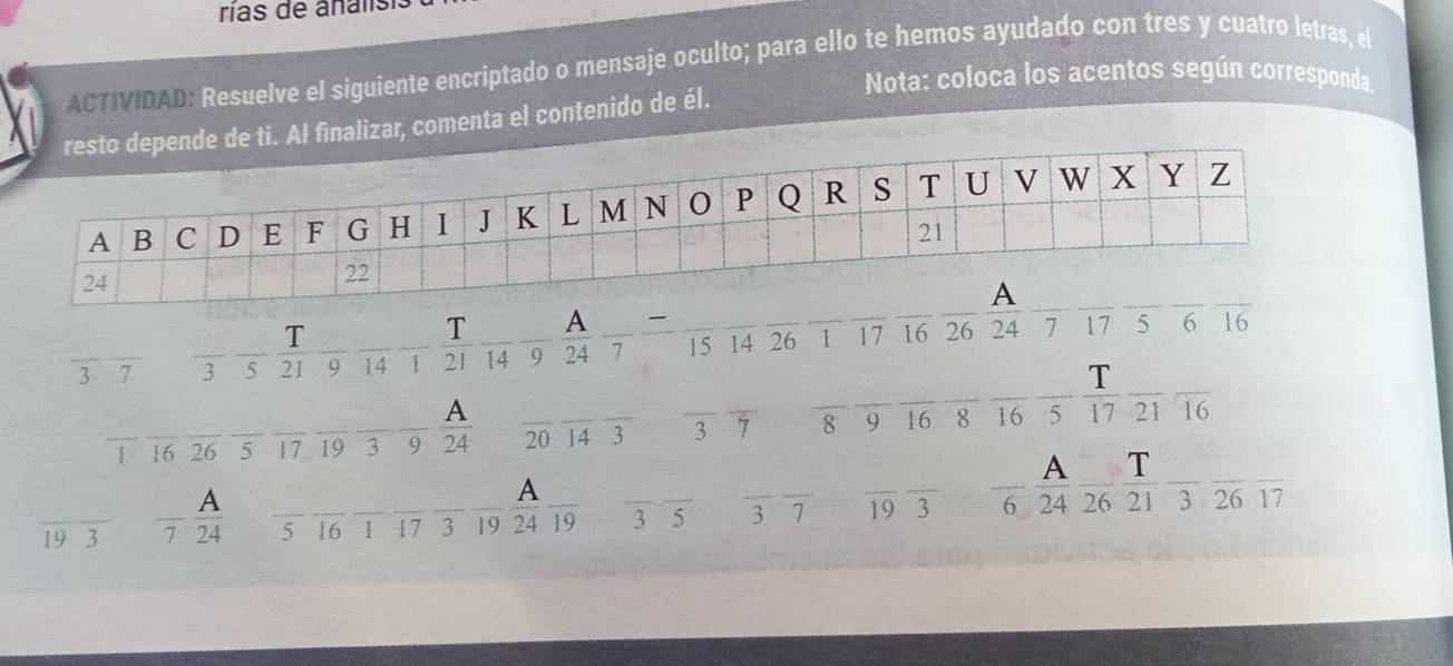 rías de analis 
ACTIVIDAD: Resuelve el siguiente encriptado o mensaje oculto; para ello te hemos ayudado con tres y cuatro letras, el 
Nota: coloca los acentos según corresponda. 
de ti. Al finalizar, comenta el contenido de él. 
_ 
_A 
T 
_ 
T A 6 16
_ 
_ 
_ 3 7 _3 5 21 9 14 11 __ 21 14 9 24 7 15 14 26 1 17 16 26 24 1 17 5
_T 
_ 
A 
_ 1 16 26 _ 5 _ 17 19 _ _ 3 9 24 _ 20 14 3 _ 3 7 8 9 16 8 16 5 17 21 16
_ 
_ 
A _T__ 
A 
_ 
A 
_ 
_ 19 3 7 24 _ 5 _ 16 _ 1 17 3 _ 19 24 _ 19 _ 3 5 3 7 19 3 6 24 26 21 3 26 17