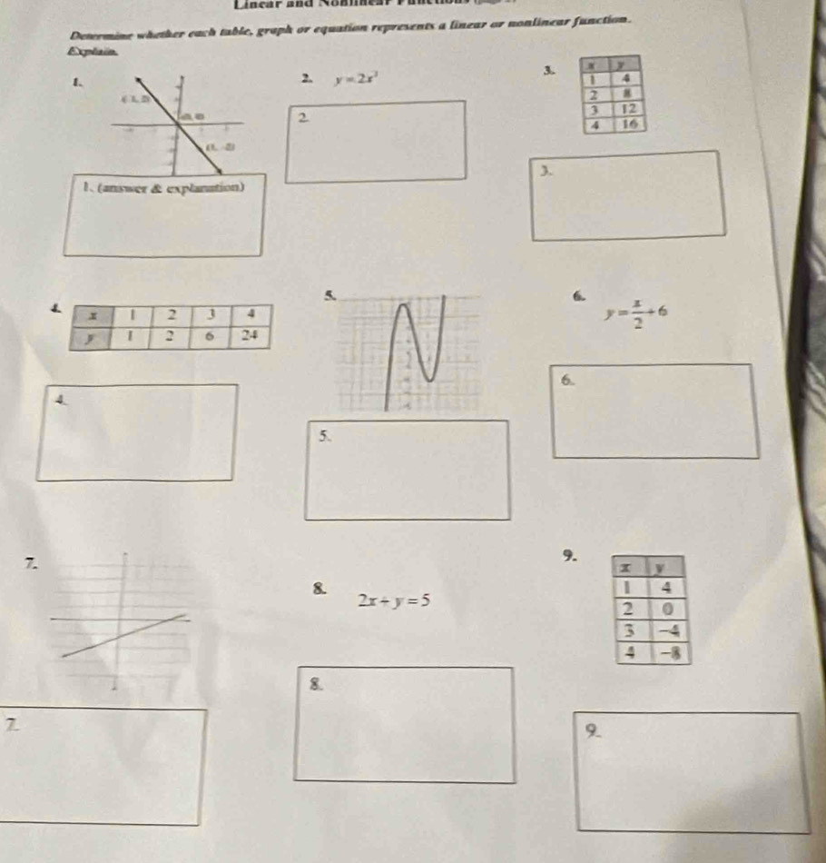 Lincar and Nönne
Determine whether each table, graph or equation represents a linear or nonlinear function.
Explain
3.
1.
2. y=2x^3
2
3.
1、 (answer & explanation)
6.
y= x/2 +6
6.
4.
5.
7.
9.
8.
2x+y=5
8.
7
9