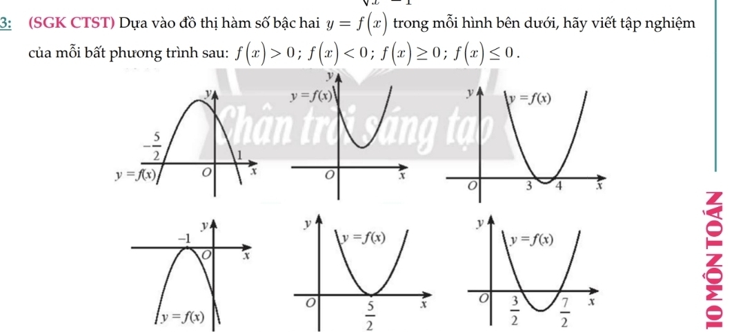 3: (SGK CTST) Dựa vào đồ thị hàm số bậc hai y=f(x) trong mỗi hình bên dưới, hãy viết tập nghiệm
của mỗi bất phương trình sau: f(x)>0;f(x)<0;f(x)≥ 0;f(x)≤ 0.
 5/2 
z