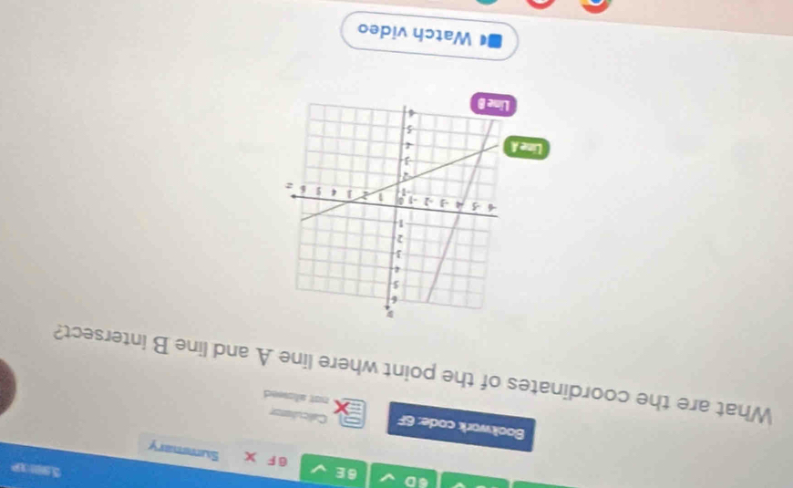 590 OP 
④D 6E 6F X Summary 
Bookwork code: 6F Calculstor 
not alswed 
What are the coordinates of the point where line A and line B intersect? 
Line 
Watch video