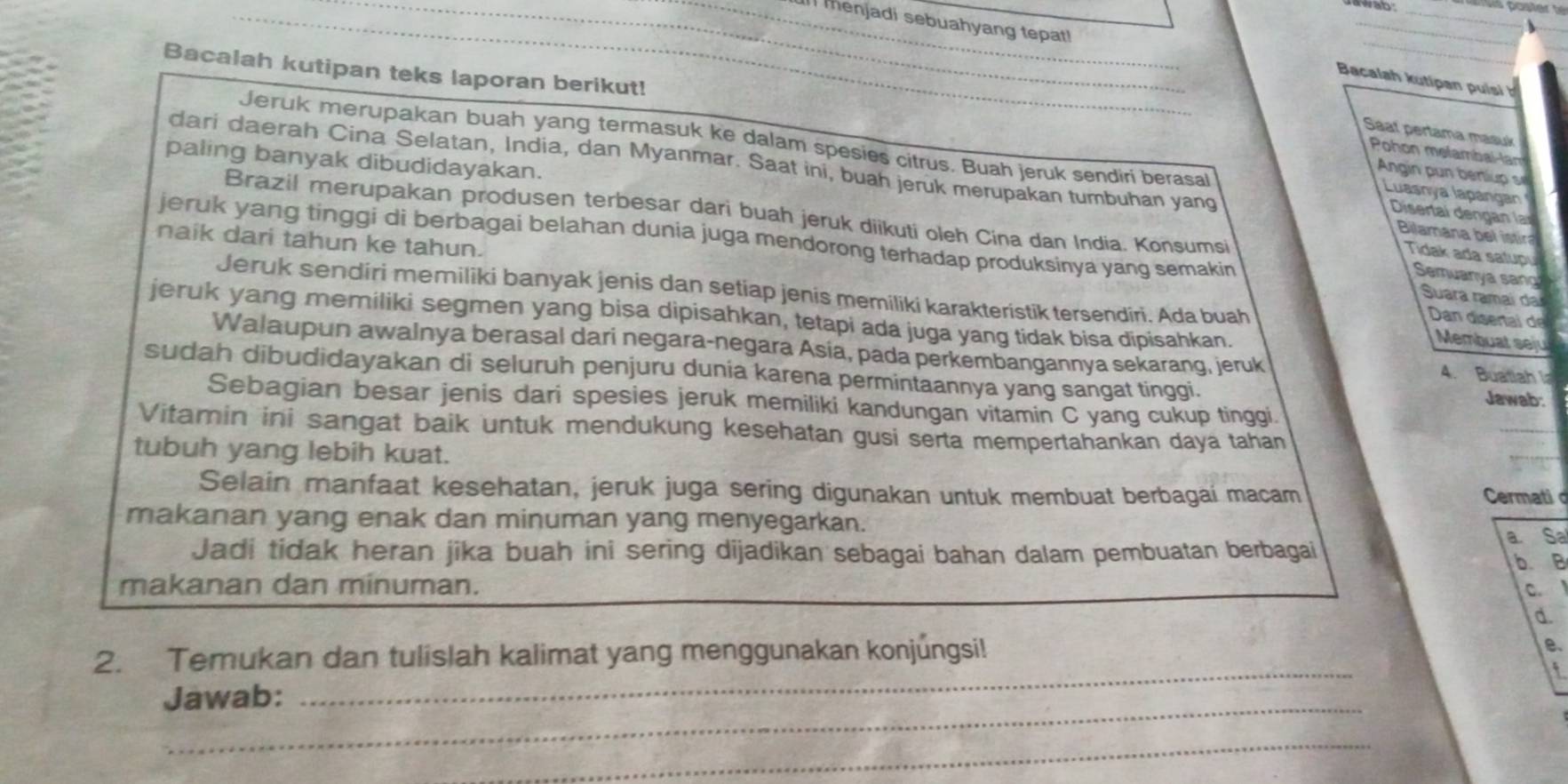 wab
_
_
_I menjadi sebuahyang tepat!
_
_
_
Bacalah kutipan teks laporan berikut!
_
Bacalah kutipan   is   
Saat pertama masuk
Pohon melambal-lam
paling banyak dibudidayakan.
Jeruk merupakan buah yang termasuk ke dalam spesies citrus. Buah jeruk sendiri berasal  Disertal dengan ls
Angin pun  betiup 
dari daerah Cina Selatan, India, dan Myanmar. Saat ini, buah jeruk merupakan tumbuhan yang  Bilamana b el istira
Luasnya lapangan
Brazil merupakan produsen terbesar dari buah jeruk diikuti oleh Cina dan India. Konsumsi
naik dari tahun ke tahun.
jeruk yang tinggi di berbagai belahan dunia juga mendorong terhadap produksinya yang semakin Suara ramaí da
Tidak ada salup
Semuanya sang?
Jeruk sendiri memiliki banyak jenis dan setiap jenis memiliki karakteristik tersendiri. Ada buah
jeruk yang memiliki segmen yang bisa dipisahkan, tetapi ada juga yang tidak bisa dipisahkan.
Dân disertal de
Membuat seju
Walaupun awalnya berasal dari negara-negara Asia, pada perkembangannya sekarang, jeruk 4. Buatlah l
sudah dibudidayakan di seluruh penjuru dunia karena permintaannya yang sangat tinggi. Jawab:
_
Sebagian besar jenis dari spesies jeruk memiliki kandungan vitamin C yang cukup tinggi.
Vitamin ini sangat baik untuk mendukung kesehatan gusi serta mempertahankan daya tahan
tubuh yang lebih kuat.  Cermati c
Selain manfaat kesehatan, jeruk juga sering digunakan untuk membuat berbagaí macam
makanan yang enak dan minuman yang menyegarkan.
Jadi tidak heran jika buah ini sering dijadikan sebagai bahan dalam pembuatan berbagai
a. Sa
b. B
makanan dan minuman. C.
d.
2. Temukan dan tulislah kalimat yang menggunakan konjungsi!
e.
_
Jawab:
_
_