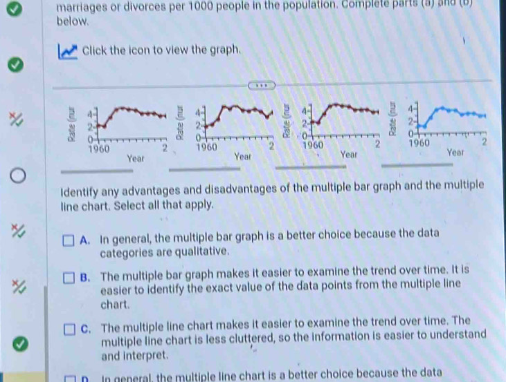 marriages or divorces per 1000 people in the population. Complete parts (a) and (b)
below.
Click the icon to view the graph.
Year
_
_
Year Year Year
_
_
_
_
Identify any advantages and disadvantages of the multiple bar graph and the multiple
line chart. Select all that apply.
A. In general, the multiple bar graph is a better choice because the data
categories are qualitative.
B. The multiple bar graph makes it easier to examine the trend over time. It is
easier to identify the exact value of the data points from the multiple line
chart.
C. The multiple line chart makes it easier to examine the trend over time. The
multiple line chart is less cluttered, so the information is easier to understand
and interpret.
n In general, the multiple line chart is a better choice because the data
