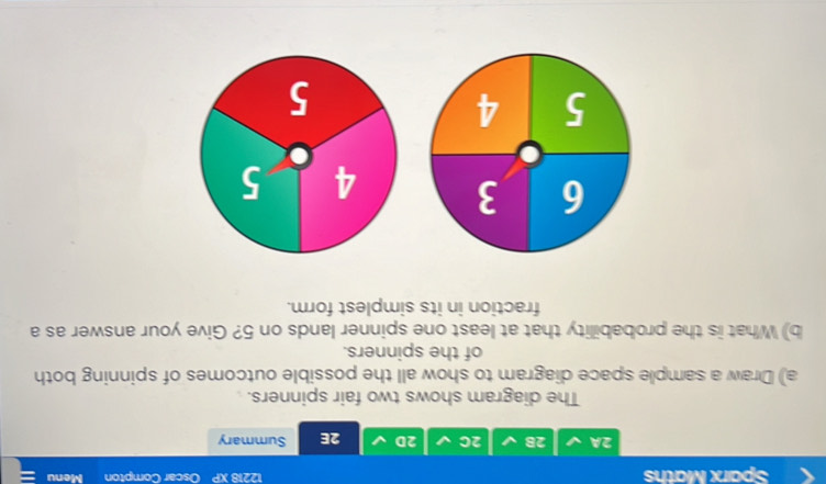 Sparx Maths 12218 XP Oscar Compton Menu - 
2A 2B 2C 2D 2E Summary 
The diagram shows two fair spinners. 
a) Draw a sample space diagram to show all the possible outcomes of spinning both 
of the spinners. 
b) What is the probability that at least one spinner lands on 5? Give your answer as a 
fraction in its simplest form.