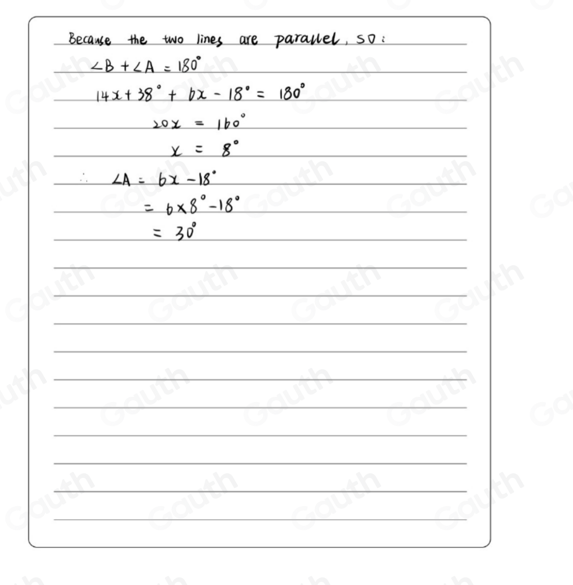 Solved: ∠ A=6x-18° ∠ B=14x+38° Solve for x and then find the measure of ...