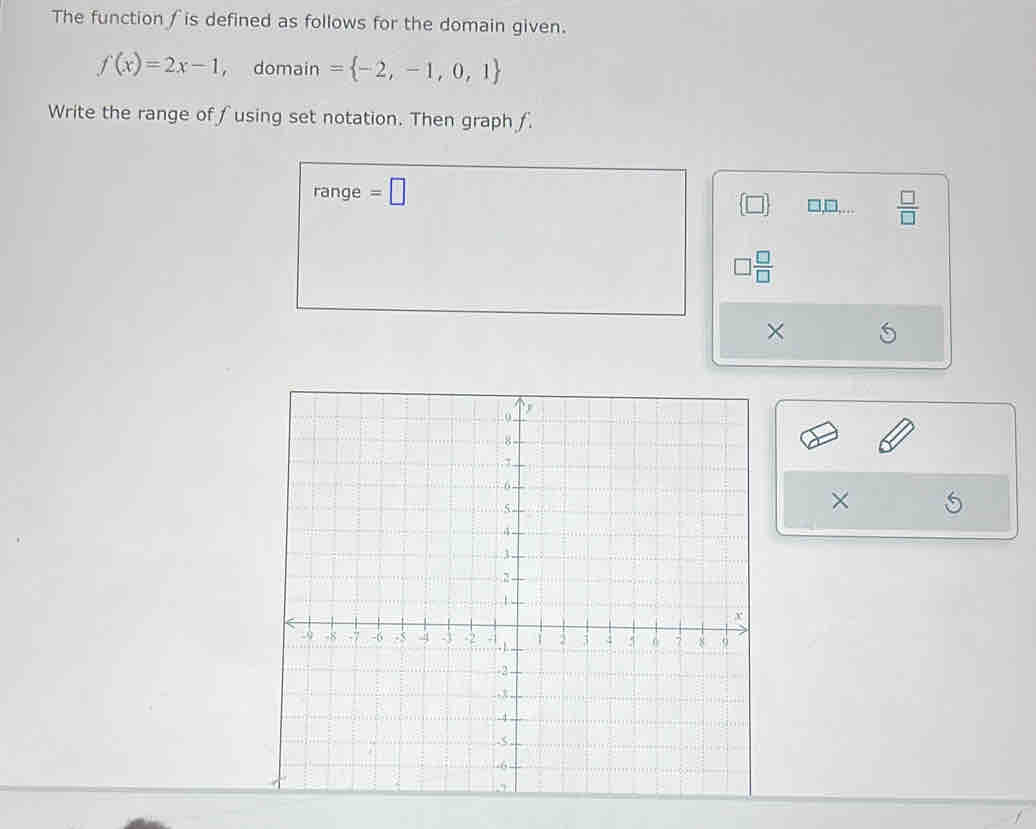 The function ∫ is defined as follows for the domain given.
f(x)=2x-1 ， domain = -2,-1,0,1
Write the range of ∫using set notation. Then graph f. 
range =□
□ ,□ ,...  □ /□  
□  □ /□  
× 
×