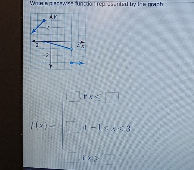 Write a piecewise function represented by the graph.
f(x)=beginarrayl -1 <2<x<1<t<2.endarray.