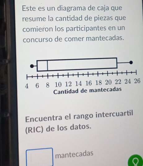 Este es un diagrama de caja que 
resume la cantidad de piezas que 
comieron los participantes en un 
concurso de comer mantecadas. 
Encuentra el rango intercuartil 
(RIC) de los datos. 
mantecadas